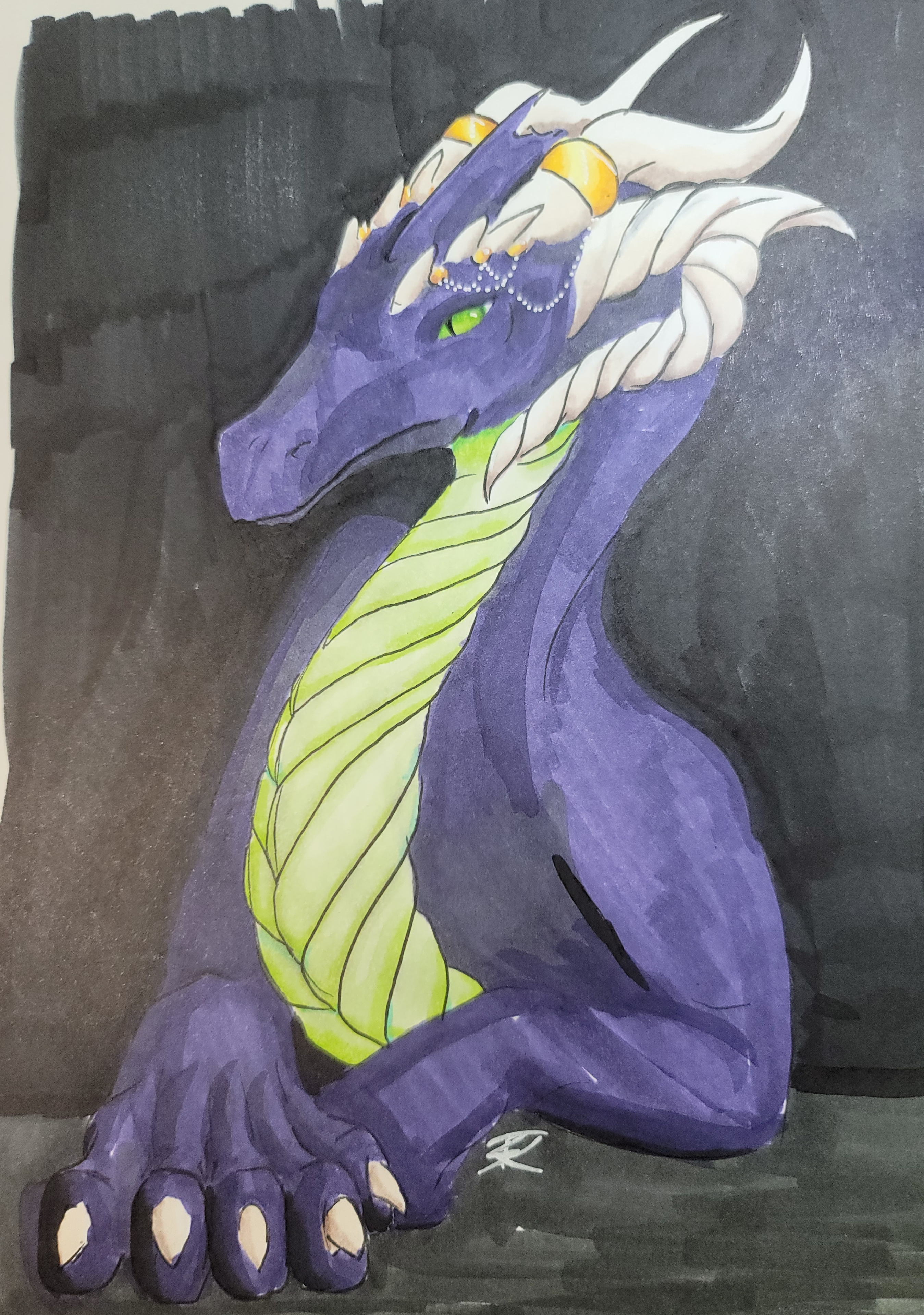 A black dragon with gold horn decorations and a deeply skeptical air